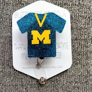 University of Michigan scrub top T-shirt retractable name badge reel ID holder